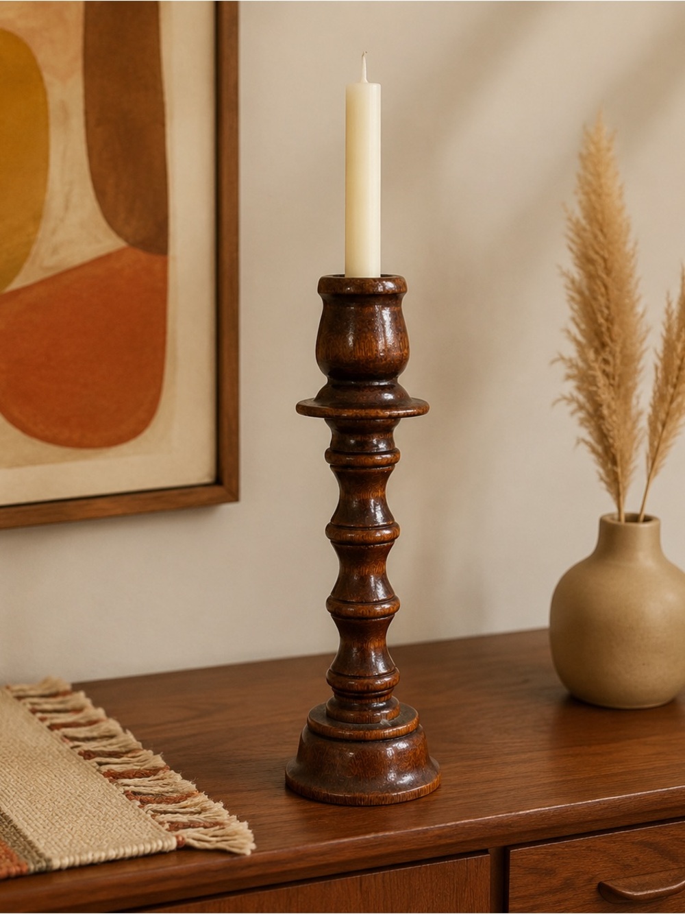 Vintage Turned Wood Candlestick Holder Dark Brown Rustic Farmhouse Cottage Decor